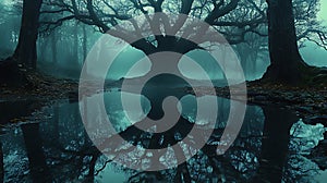 Misty forest oak tree reflection puddle, autumn