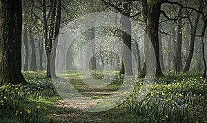 Enchanted Forest Path Lined with Spring Wildflowers