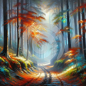 The misty forest path in painting, autumn season, dappled lights, colorful leaves, mist effect, silhouette, acrylic art, tree