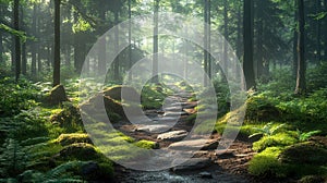 Misty Forest Path Sunrise, Nature Walk, Stone Steps