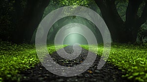 Misty Forest Path Surrounded by Lush Green Trees and Grass photo