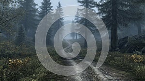 A Misty Forest Path Winding Through Tall Trees