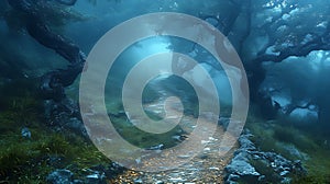 Misty forest path winding uphill, autumn leaves