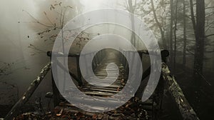 Misty forest pathway with wooden bridge