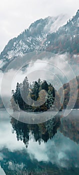 Misty Forest Reflection in Serene Mountain Lake