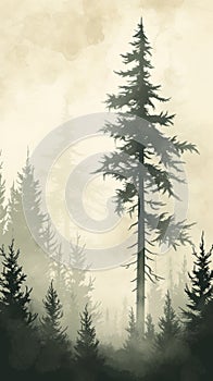 Misty forest with silhouettes of pine trees