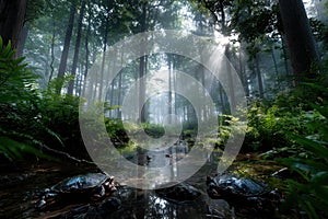 Misty Forest Stream with Crabs and Sunlight