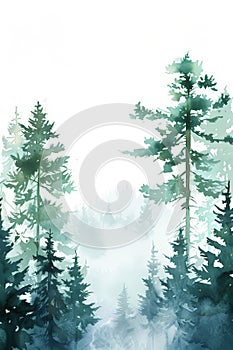 Misty forest with trees in fog