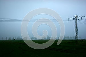 Misty gloomy landscape cloudy sky field