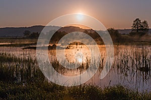 Misty Golden Sunrise Reflecting over Lake in Spring