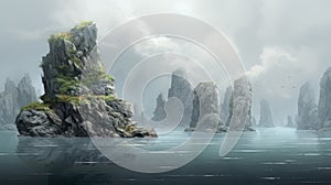 Misty Gothic Digital Painting Of Islands And Mountains With Calm Waters