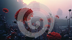 Misty Gothic Landscape: Red Dahlias And Flowers In A Haunting Sunset