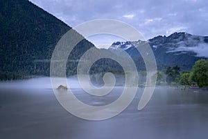 Misty Guxiang Lake in the morning