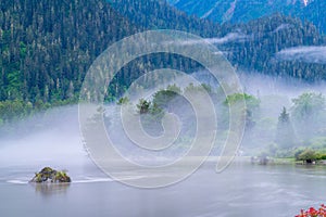 Misty Guxiang Lake in the morning