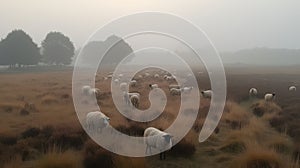 Misty Heathland Serenity: A Flock of Sheep Grazing