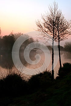 Misty lake at dawn photo