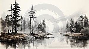 Misty Lake: A Detailed Ink-wash Landscape Painting Of Pine Trees