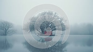 Misty Lake With Red House On Island - A Captivating Photograph