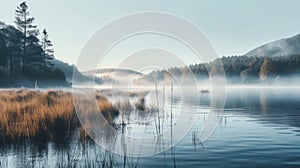 Misty Lake A Serene And Calming Fen In The Style Of Mikko Lagerstedt