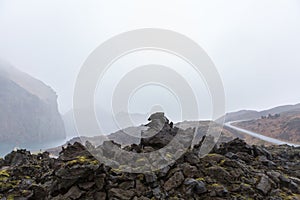 Misty landcape formed by the 1973 eruption of the Eldfell volcano in Heimaey, Westman islands, Iceland