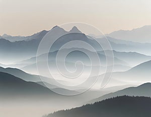 Misty layers in mountain landscape at sunrise