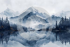 Misty Monochrome Mountainscape Reflection. Concept Mountain Photography, Monochrome Landscapes,