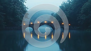 Misty morning bridge over a still lake