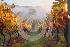 Misty morning in a colorful autumn vineyard landscape