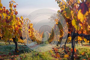 Misty morning in a colorful vineyard during autumn