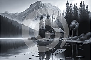 misty morning, forest mountains and river, illustration