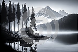 misty morning, forest mountains and river, illustration