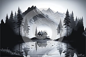 misty morning, forest mountains and river, illustration