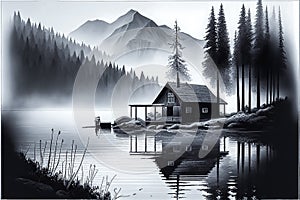 misty morning, forest mountains and river, illustration