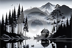 misty morning, forest mountains and river, illustration