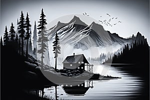 misty morning, forest mountains and river, illustration