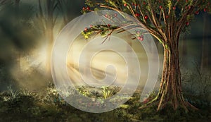 Misty morning in the forest. The rays of the sun shining through the branches of trees width red fruits. Digital art style.