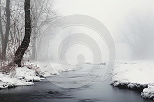 misty morning in the forest. winter river. frozen creek. white foggy and misty pond. Dry trees with dry branches.