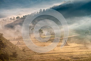 Misty morning in the heart of Transylvanian mountains , Fundatura Ponorului, Romania