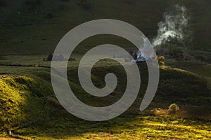 Misty morning in the heart of Transylvanian mountains , Fundatura Ponorului, Romania