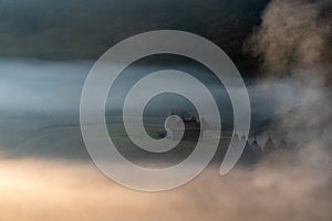 Misty morning in the heart of Transylvanian mountains , Fundatura Ponorului, Romania