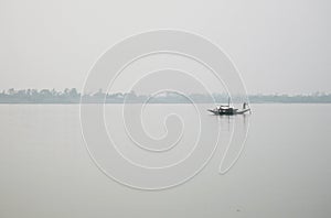 Misty morning on the holiest of rivers in India. Ganges delta in Sundarbans, India