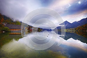 Misty morning on the lake Grundlsee Alps Austria Europe