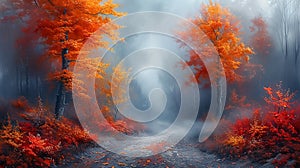 a misty morning landscape, where a footpath disappears into the fog, winding its way through a forest