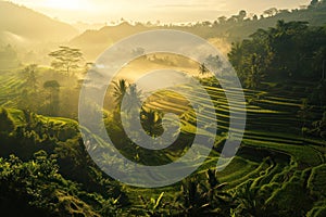 Misty morning light floods over terraced rice fields in Bali, with tropical palm trees.