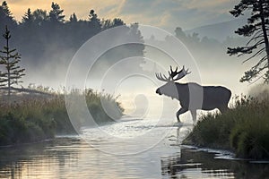 Misty Morning Moose Crossing River