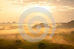 Misty morning in the mountains, Landscape view of Khao Na Nai Luang temple on peak mountain at Surat Thani Province, Southern of T