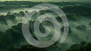 Misty Morning Over Lush Forest and Rolling Hills photo