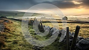 Misty Morning Pasture: Stone Fence On English Moors