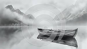 Misty Morning Rowboat Journey./n