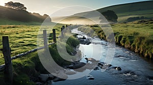 Misty Morning Serenity: Uhd Image Of A Stone-fenced River On English Moors photo